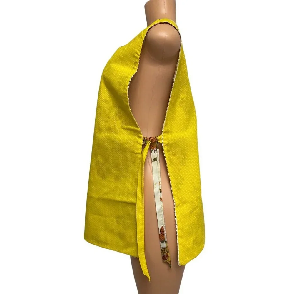 Women Yellow Orange Reversible Bib Apron Fruit Floral Pattern Vintage Autumn - Picture 11 of 14
